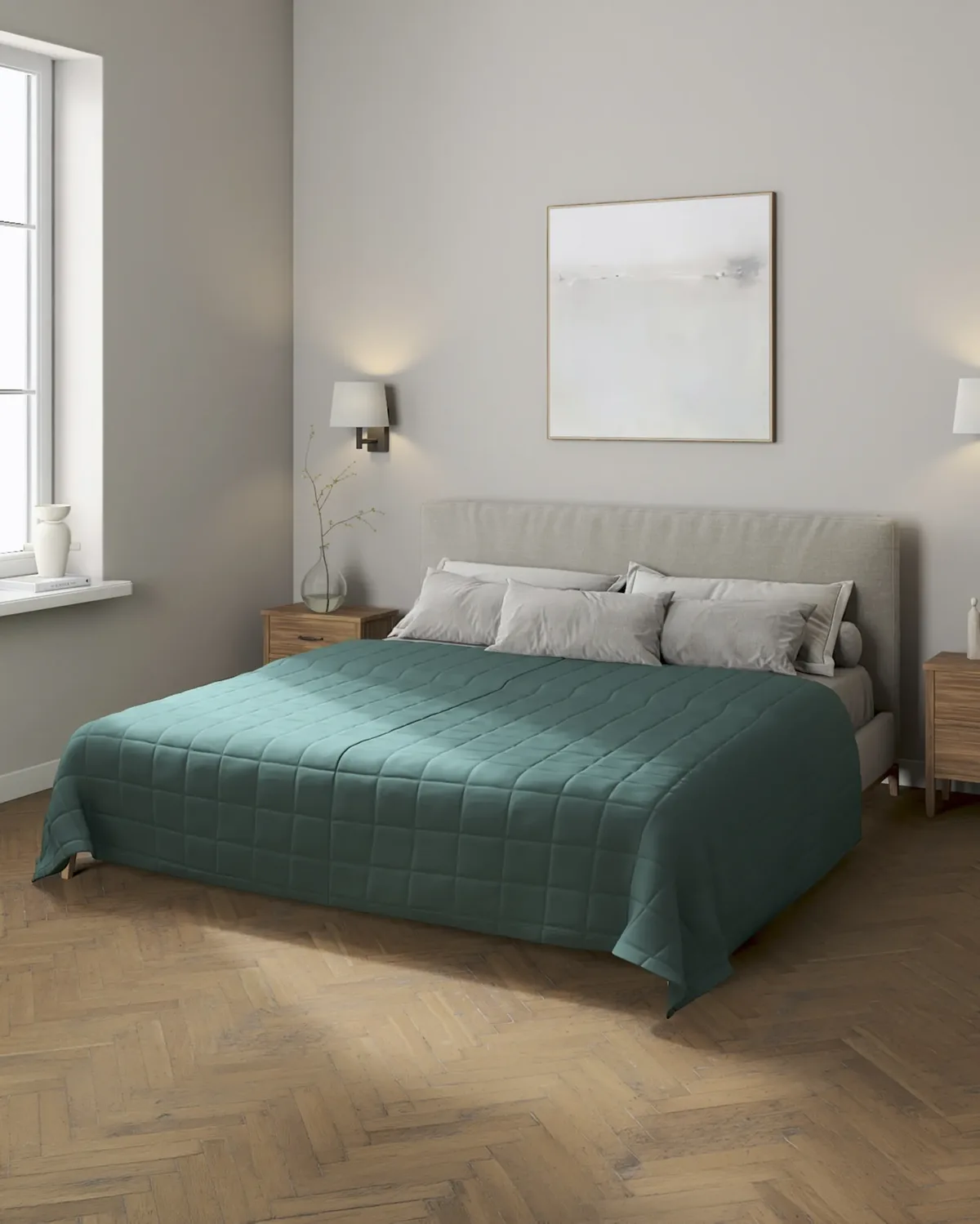 Tagesdecke mit Karosteppung Farbe grün Stoff halbtransparent, strukturiert, aus leinen van Dekoria – productfoto