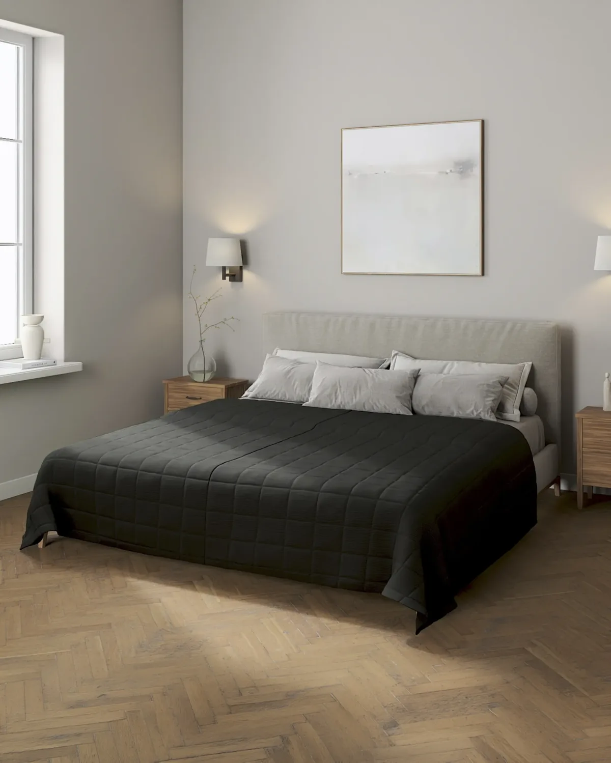 Tagesdecke mit Karosteppung Farbe schwarz Stoff strukturiert van Dekoria – productfoto