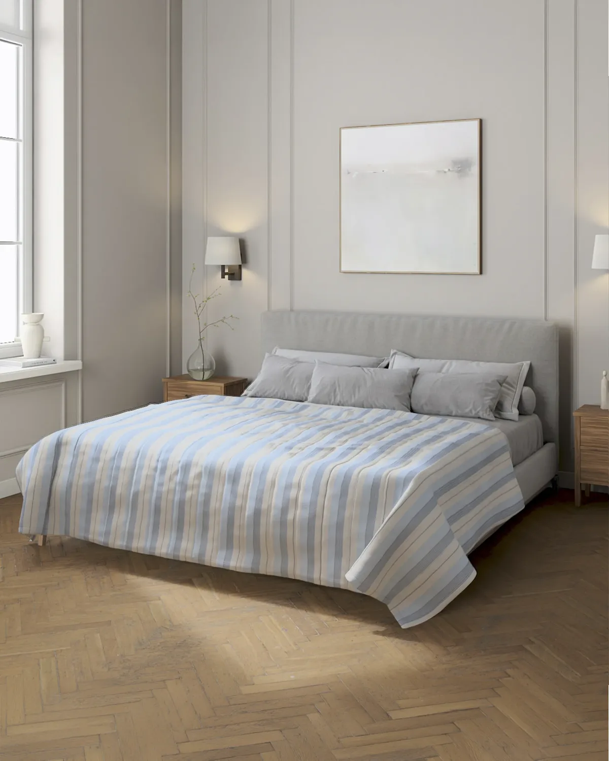 Tagesdecke mit Streifen-Steppung Farbe blau Stoff strukturiert, gemustert van Dekoria – productfoto