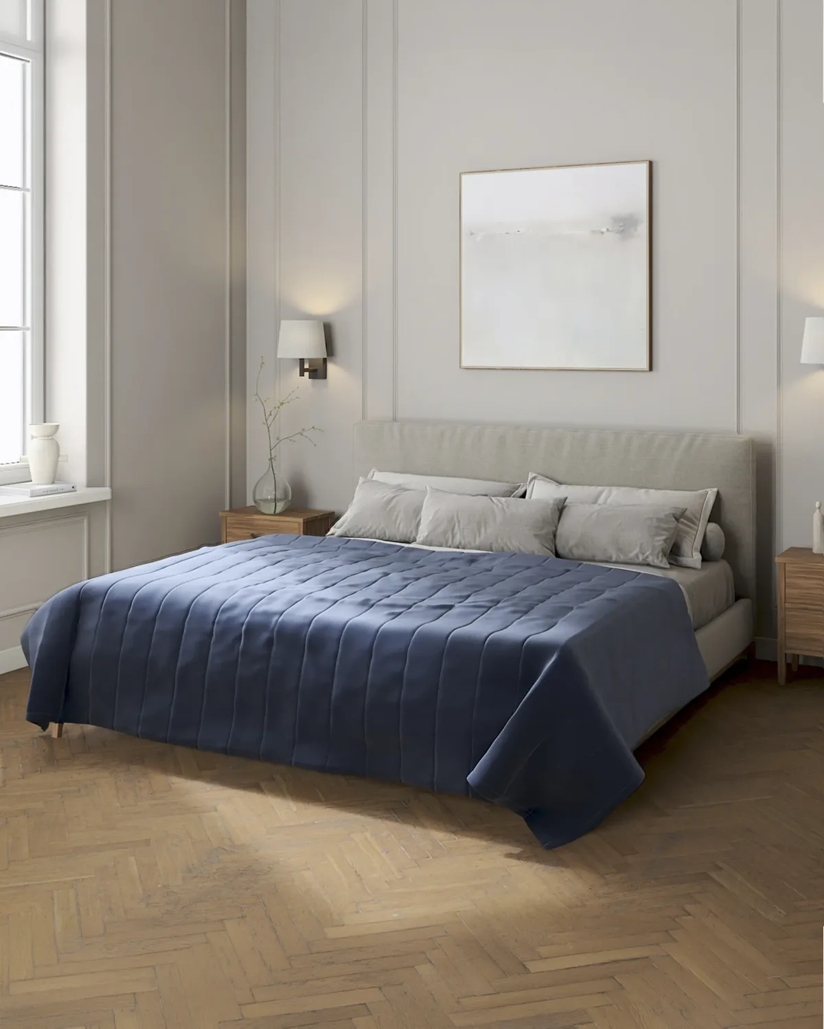 Tagesdecke mit Streifen-Steppung Farbe dunkelblau Stoff samt van Dekoria – productfoto