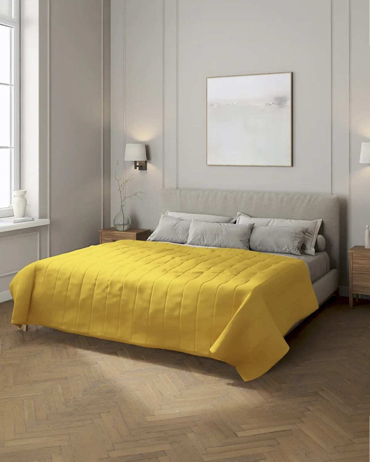 Tagesdecke mit Streifen-Steppung Farbe gelb Stoff halbtransparent, strukturiert, aus leinen van Dekoria – productfoto