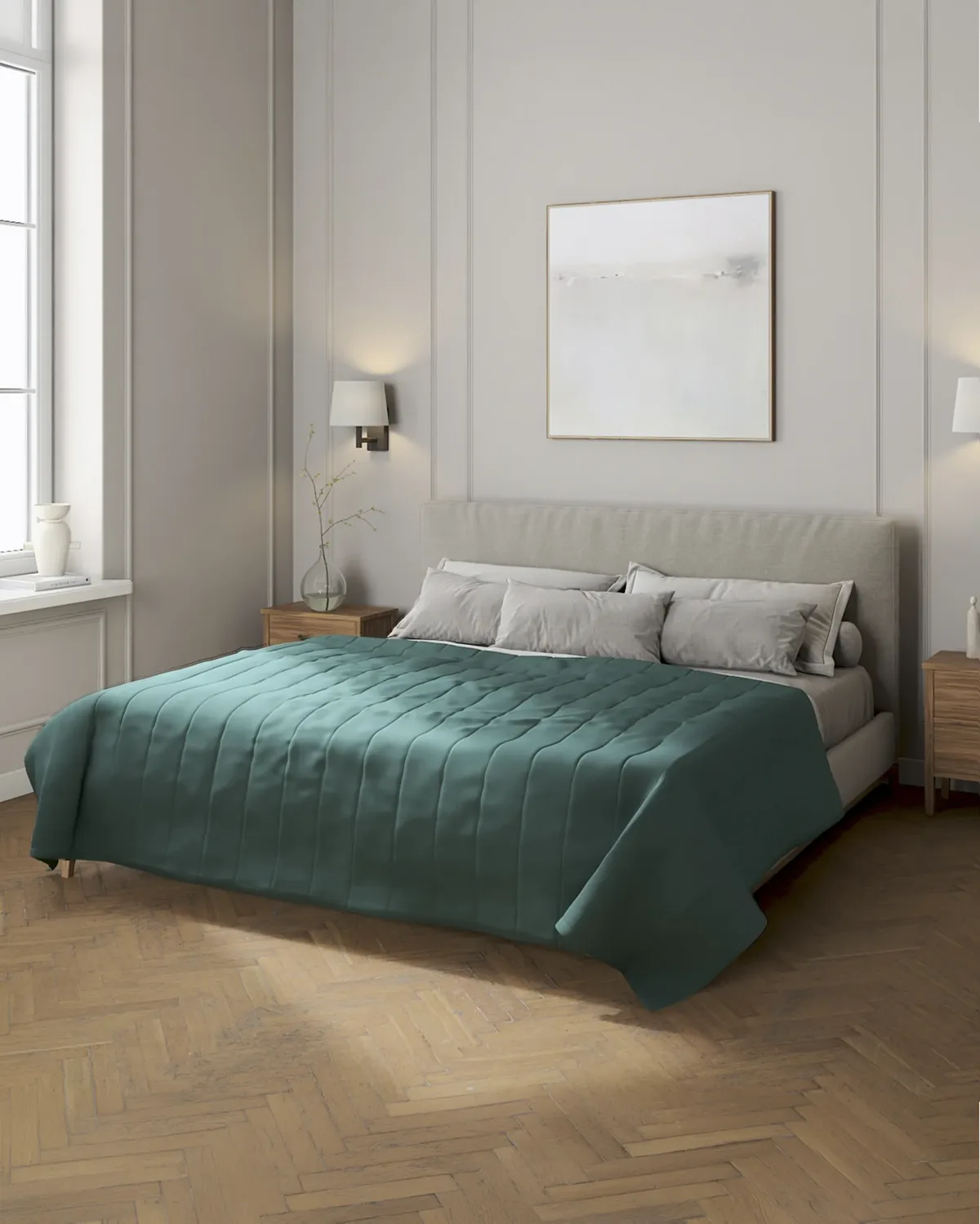 Tagesdecke mit Streifen-Steppung Farbe grün Stoff halbtransparent, strukturiert, aus leinen van Dekoria – productfoto