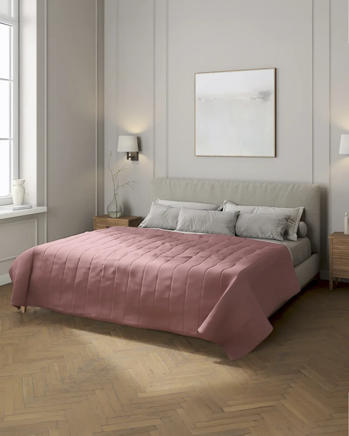 Tagesdecke mit Streifen-Steppung Farbe rosa Stoff halbtransparent, strukturiert, aus leinen van Dekoria – productfoto
