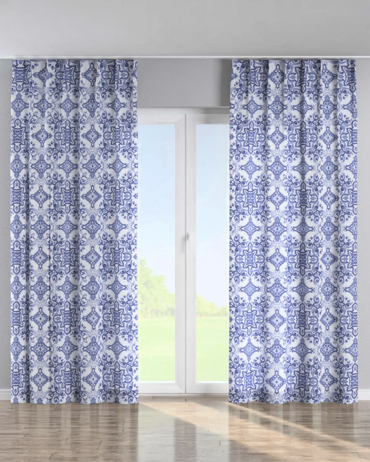 Vorhang mit flämischen 1-er Falten Farbe blau Stoff gemustert de Dekoria – photo du produit