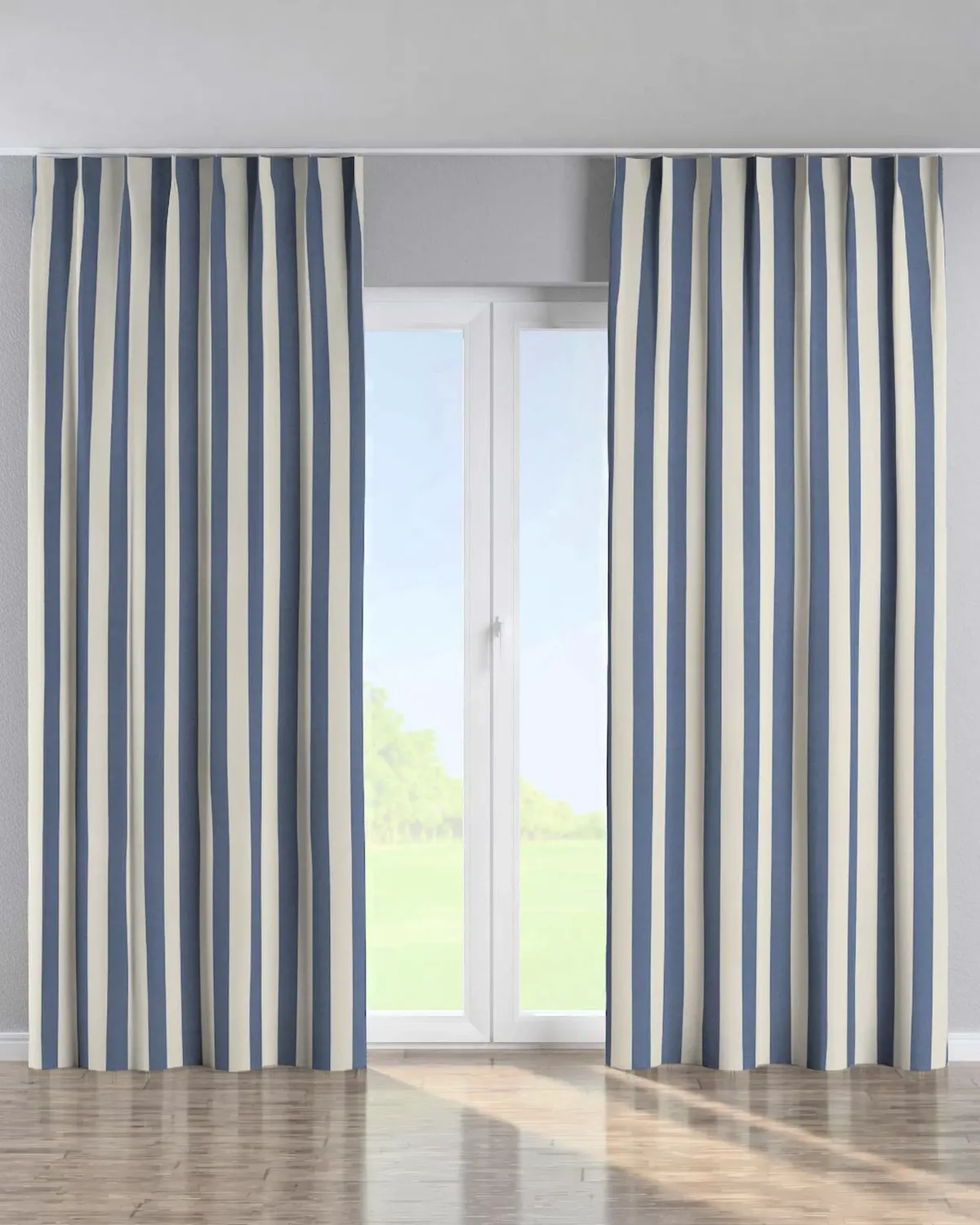 Vorhang mit flämischen 1-er Falten Farbe blau Stoff gemustert de Dekoria – photo du produit