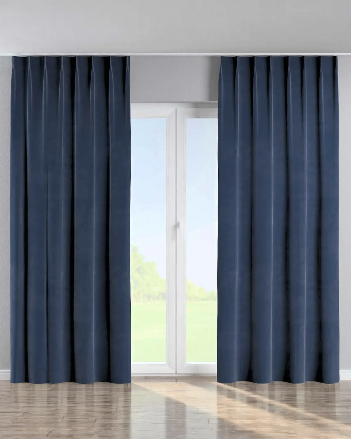 Vorhang mit flämischen 1-er Falten Farbe dunkelblau Stoff glänzend, samt by Dekoria – product photo