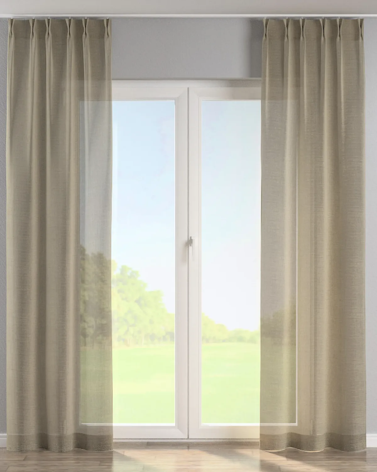 Vorhang mit flämischen 2-er Falten Farbe beige Stoff halbtransparent, glänzend, strukturiert de Dekoria – photo du produit