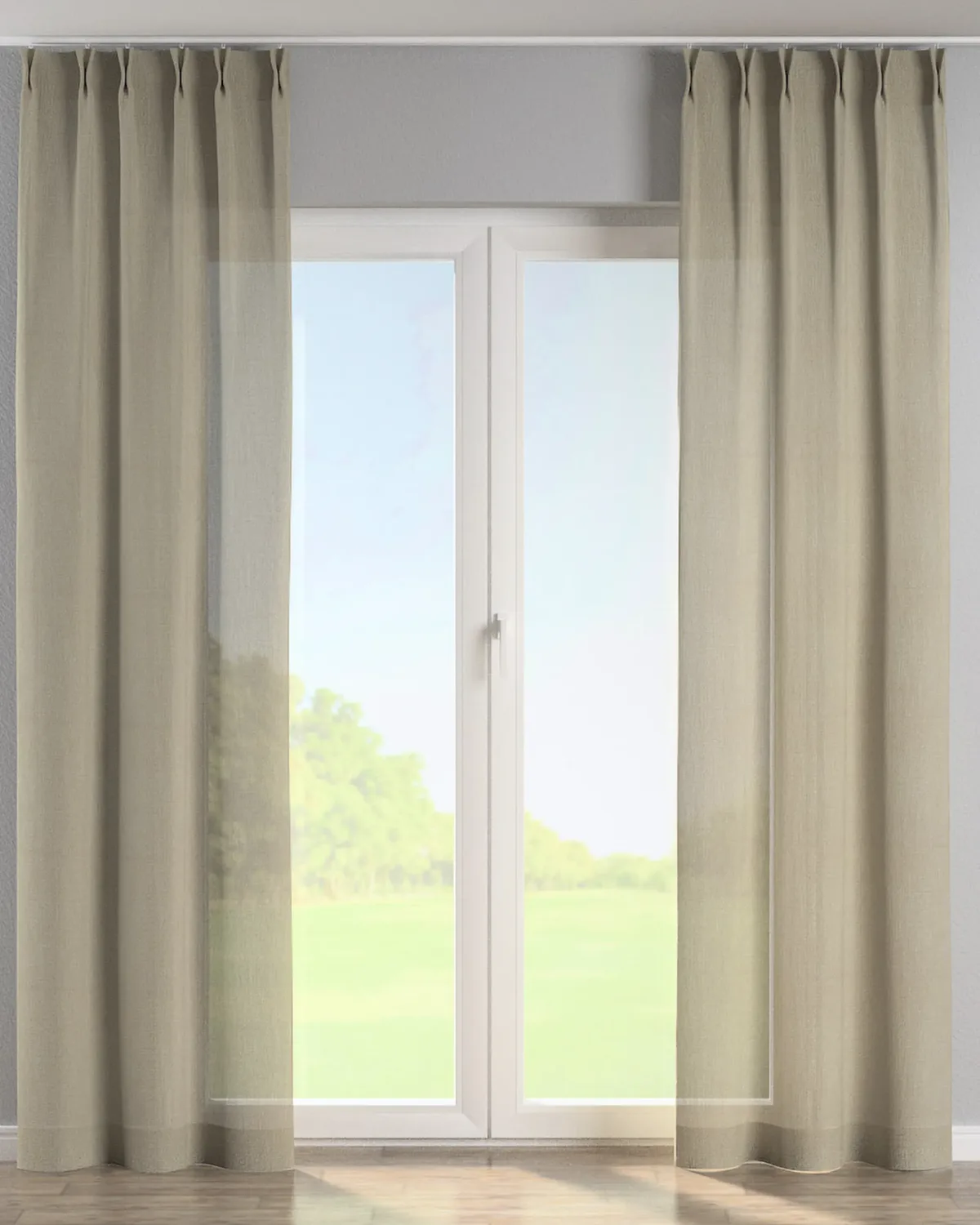 Vorhang mit flämischen 2-er Falten Farbe beige Stoff halbtransparent, glänzend, strukturiert de Dekoria – photo du produit