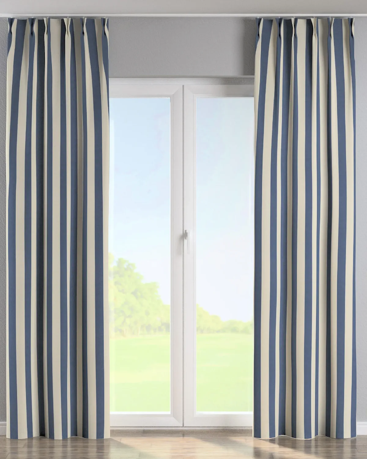 Vorhang mit flämischen 2-er Falten Farbe blau Stoff gemustert de Dekoria – photo du produit