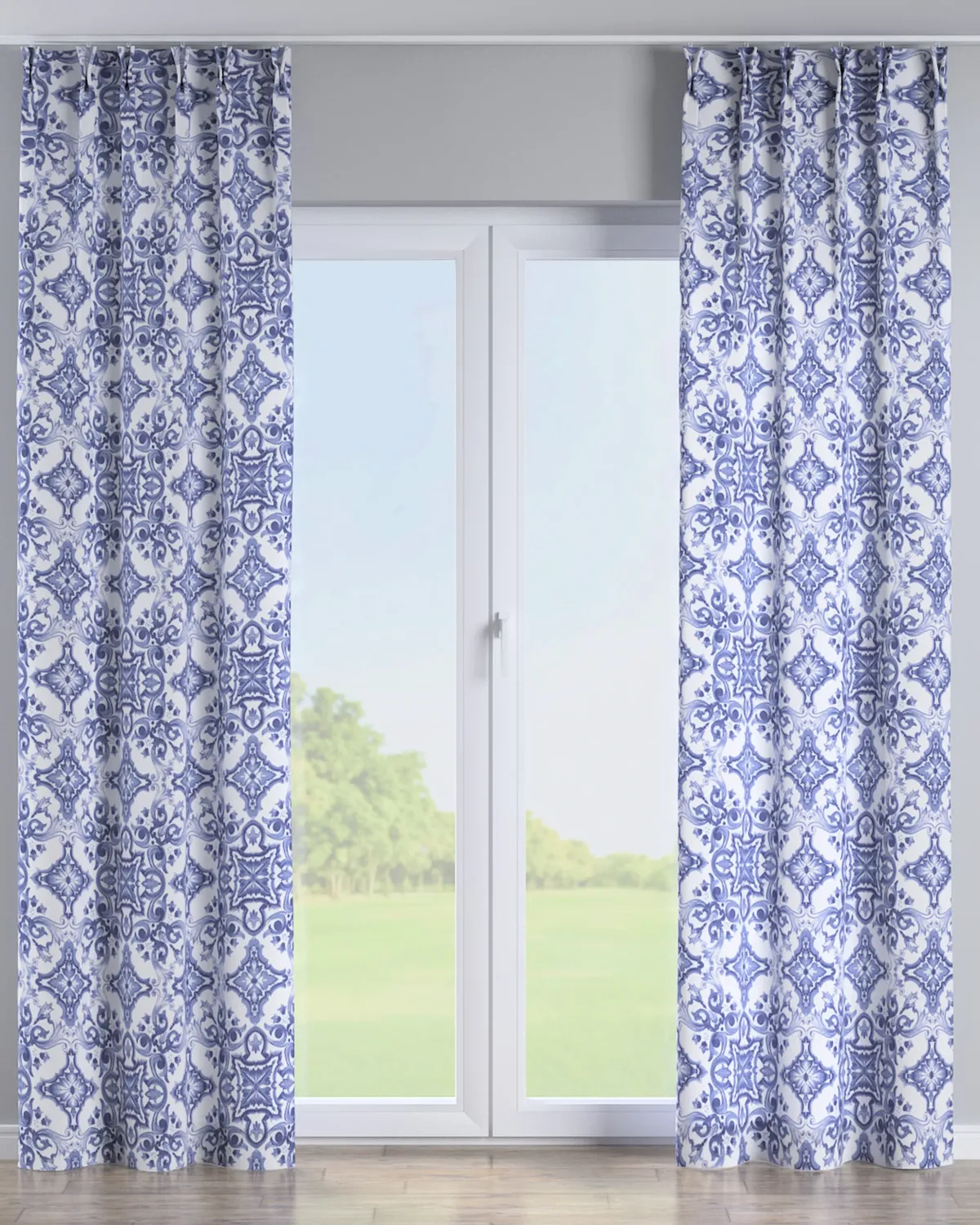 Vorhang mit flämischen 2-er Falten Farbe blau Stoff gemustert de Dekoria – photo du produit