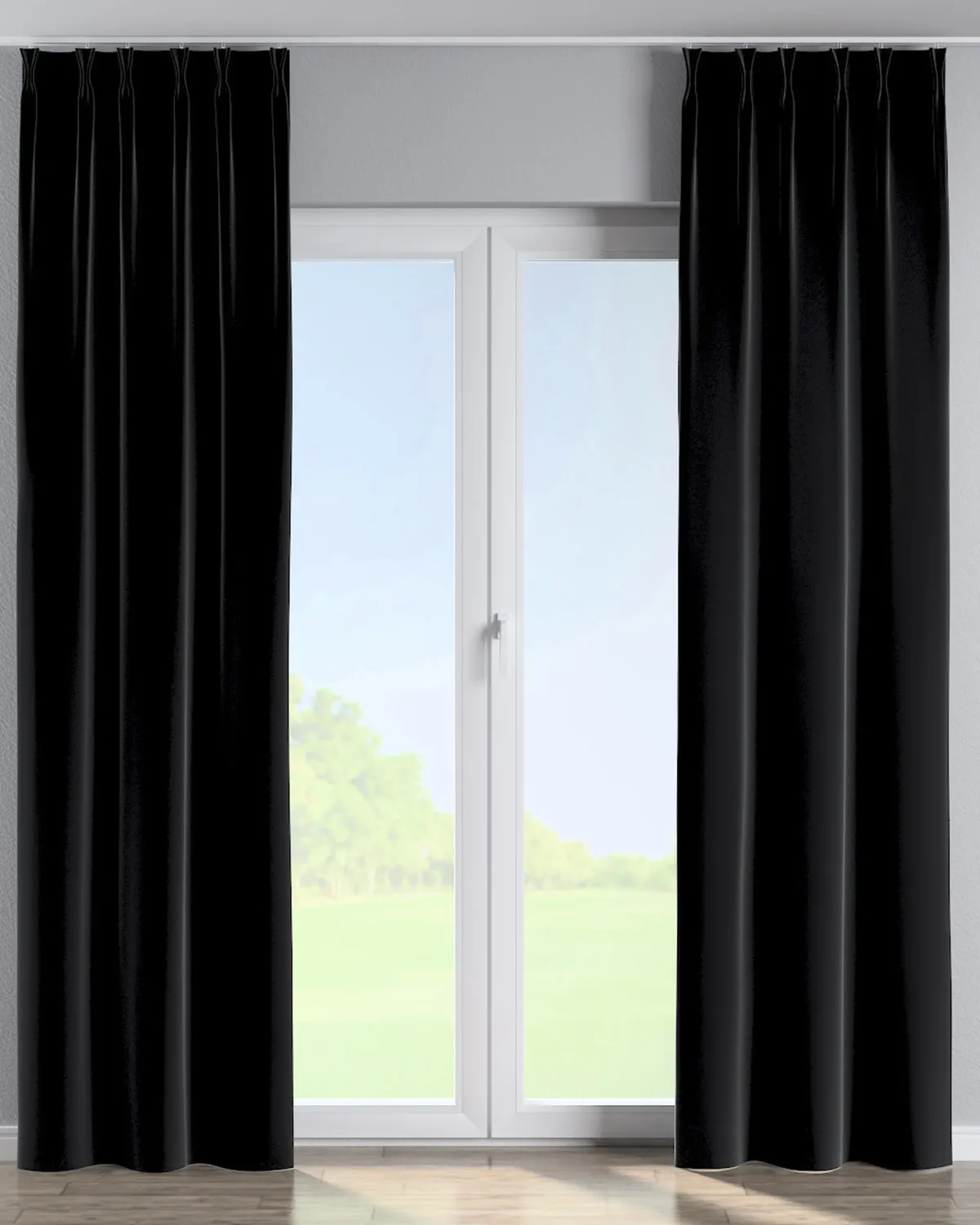 Vorhang mit flämischen 2-er Falten Farbe schwarz Stoff glänzend, samt van Dekoria – productfoto