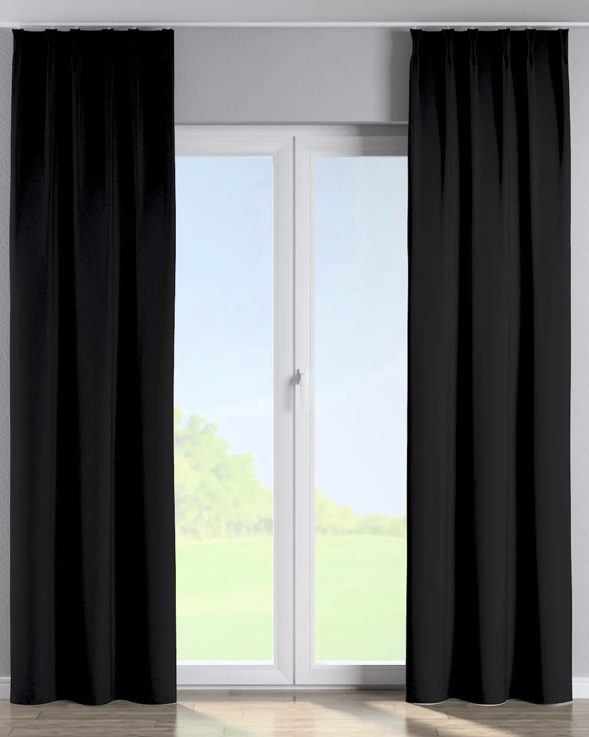 Vorhang mit flämischen 2-er Falten Farbe schwarz Stoff verdunkelnd van Dekoria – productfoto
