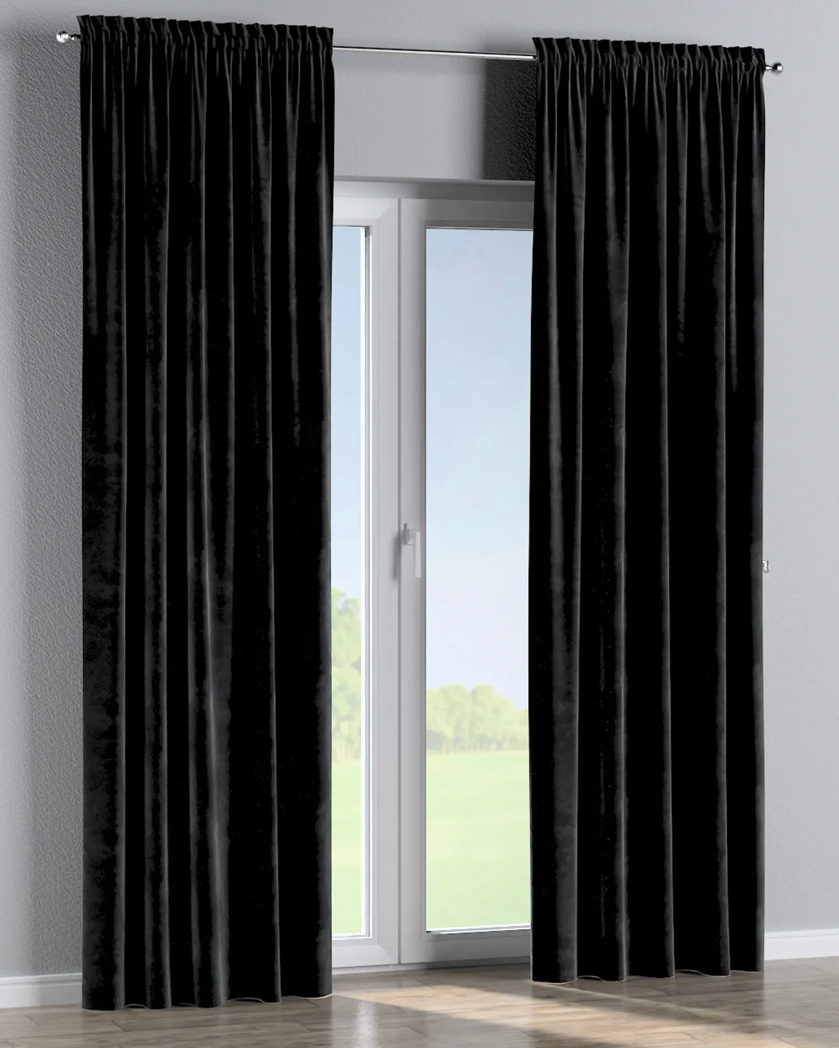 Vorhang mit Tunnel und Köpfchen Farbe schwarz Stoff glänzend, samt de Dekoria – photo du produit