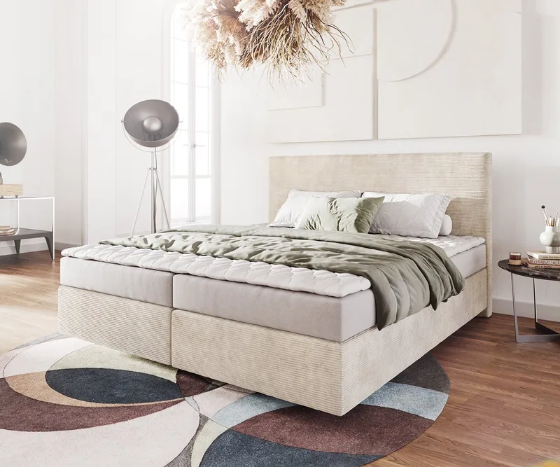 Boxspring-Bed Dream-Well Cord 180x200 cm met matras en topper von DELIFE in Beige – Produktfoto