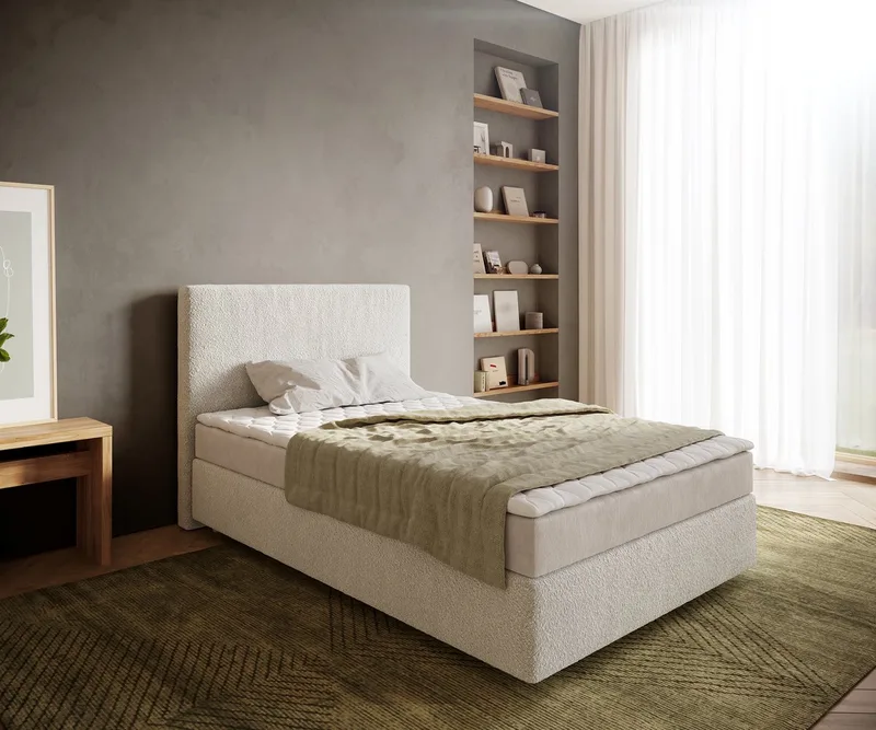 Boxspringbed Dream-Well Bouclé Crème-Wit 120x200 cm met Matras en Topper von DELIFE in Creme-Weiß – Produktfoto