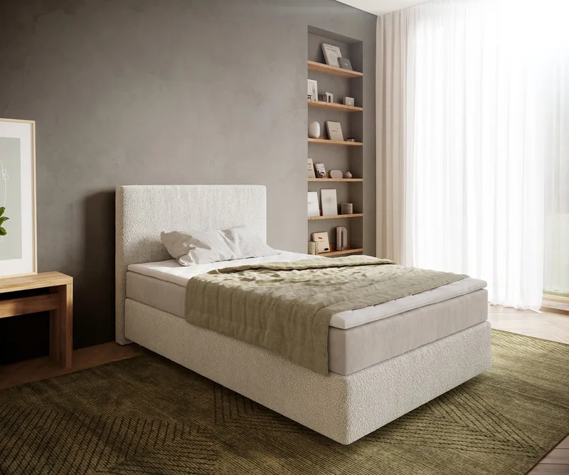 Boxspringbed Dream-Well Bouclé Crème-Wit 120x200 cm met Pocketveringmatras en Topper Visco från DELIFE i Creme-Weiß – produktbild