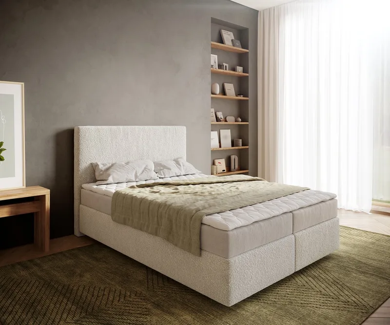 Boxspringbed Dream-Well Bouclé Crème-Wit 140x200 cm met Matras en Topper von DELIFE in Creme-Weiß – Produktfoto
