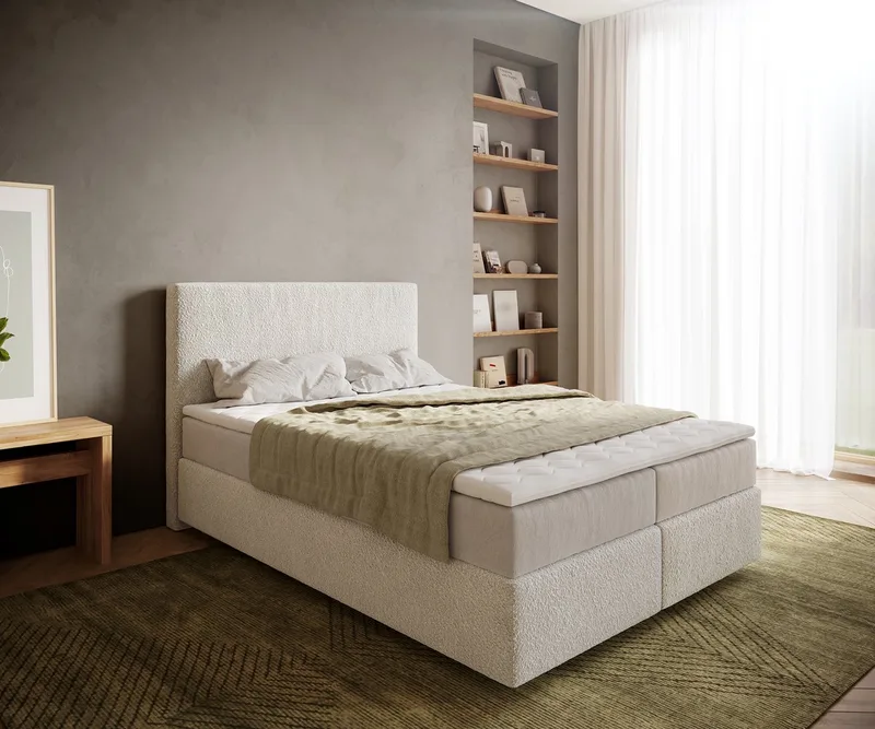 Boxspringbed Dream-Well Bouclé Crème-Wit 140x200 cm met Pocketveringmatras en Topper Visco von DELIFE in Creme-Weiß – Produktfoto