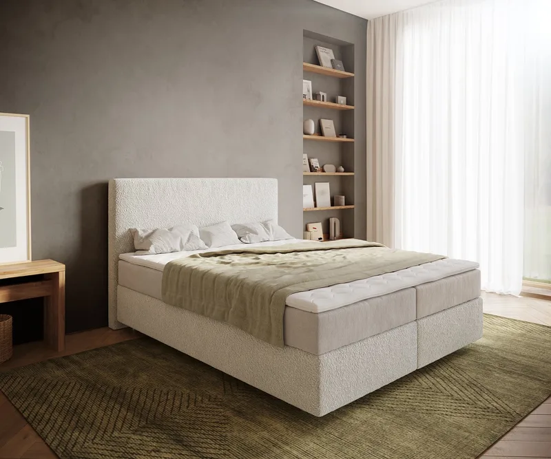 Boxspringbed Dream-Well Bouclé Crème-Wit 160x200 cm met Pocketveringmatras en Topper Visco von DELIFE in Creme-Weiß – Produktfoto