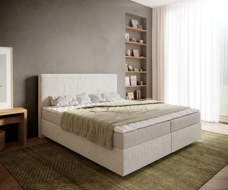 Boxspringbed Dream-Well Bouclé Crème-Wit 180x200 cm met Matras en Topper från DELIFE i Creme-Weiß – produktbild