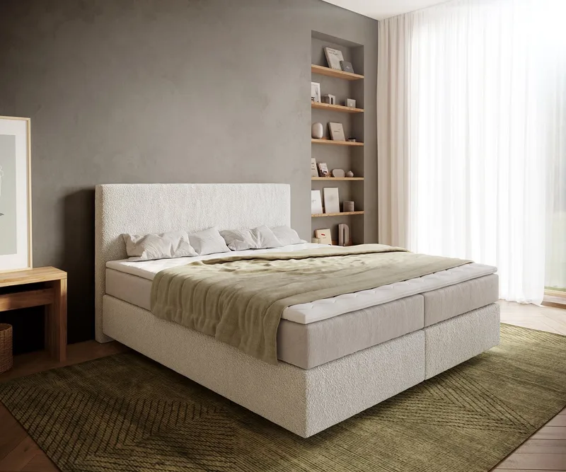 Boxspringbed Dream-Well Bouclé Crème-Wit 180x200 cm met Pocketveringmatras en Topper Visco von DELIFE in Creme-Weiß – Produktfoto