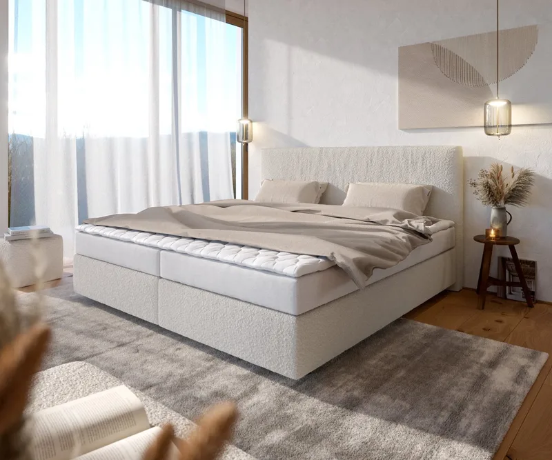 Boxspringbed Dream-Well Bouclé Crème-Wit 200x200 cm met Bonell-matras en PU-topper från DELIFE i Creme-Weiß – produktbild