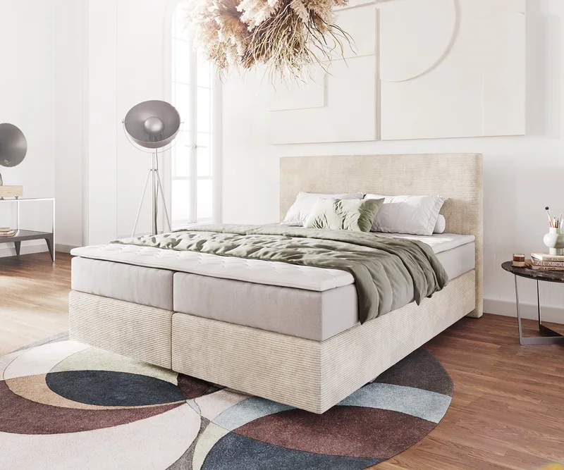 Boxspringbed Dream-Well Cord 160x200 cm met Pocketveringmatras en Topper von DELIFE in Beige – Produktfoto