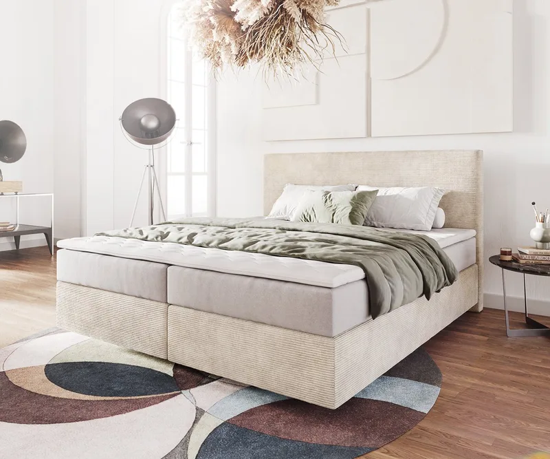 Boxspringbed Dream-Well Cord 180x200 cm met Pocketveringmatras en Topper von DELIFE in Beige – Produktfoto