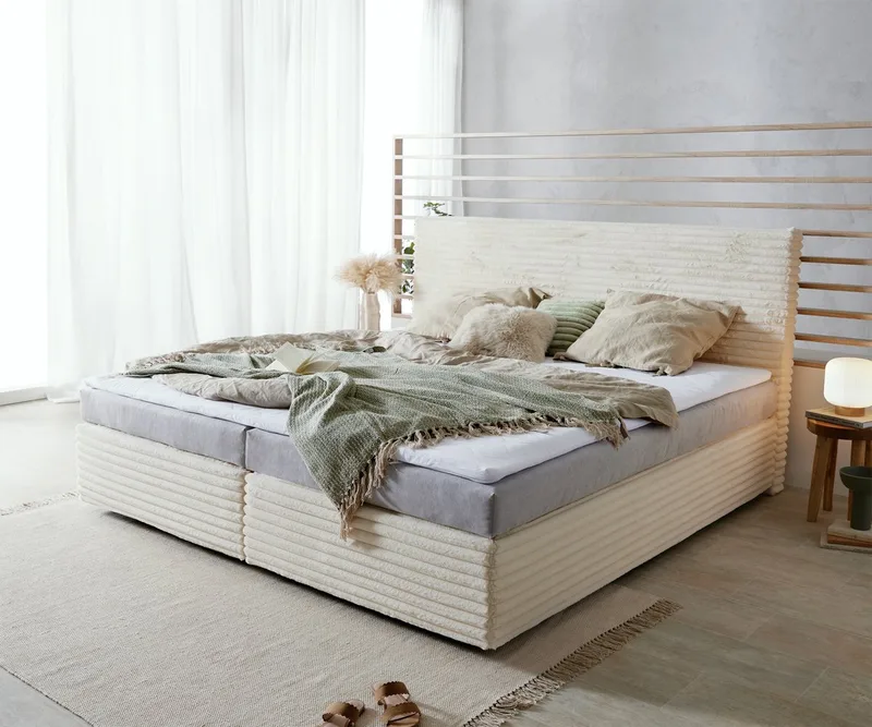 Boxspringbed Dream-Well pluche cord 200x200 cm Bonell matras PU topper von DELIFE in Beige – Produktfoto