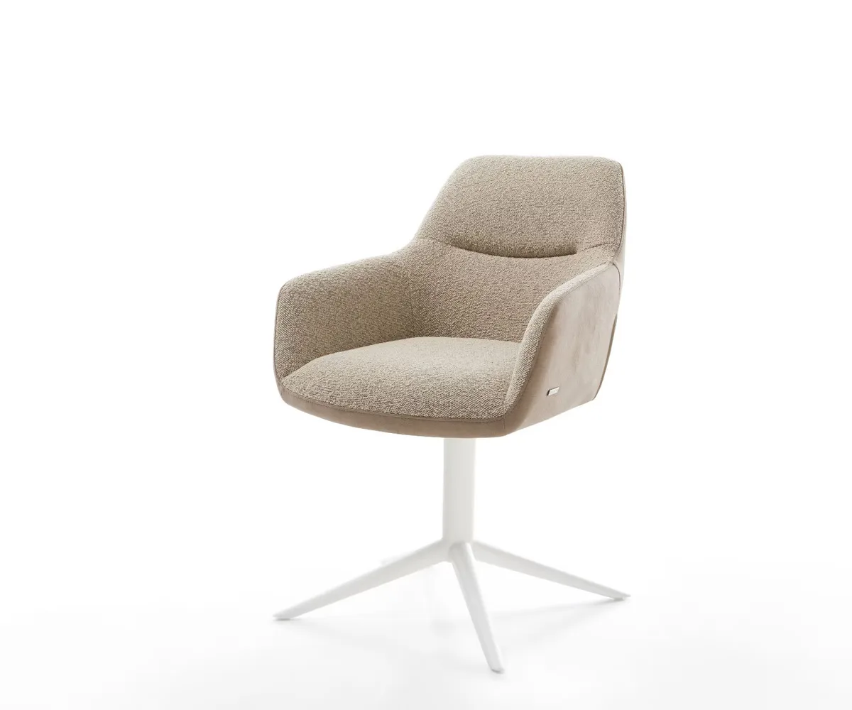 Draaistoel Pejo-Flex met armleuningen, materiaalmix van microfibre en boucle, wit/beige met wit kruispoot, 360 graden draaibaar met rocker-functie van DELIFE – productfoto