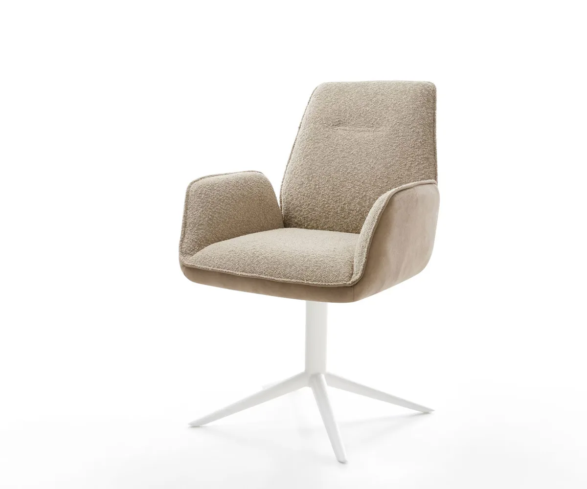 Draaistoel Zoa-Flex in wit en beige met microfibre en boucle materiaalmix en wit metalen kruispoot van DELIFE – productfoto