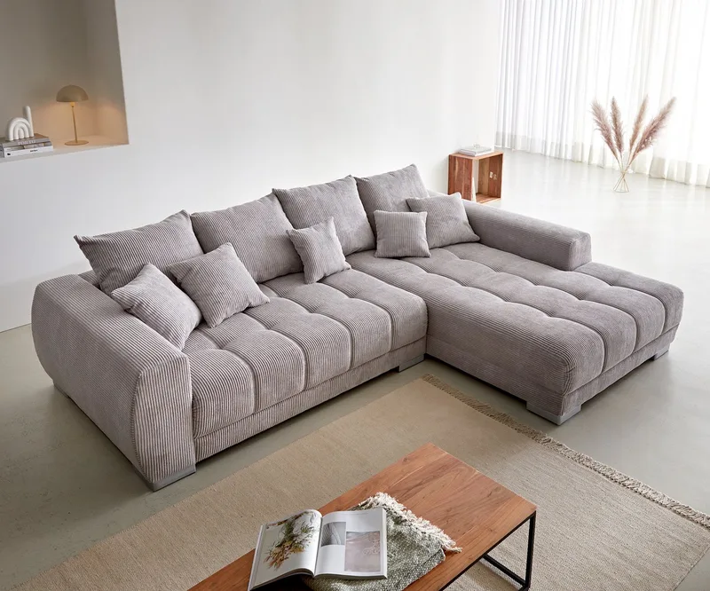 Ecksofa Josea 300x220 cm Cord Silbergrau Ottomane rechts de DELIFE – photo du produit 3 sur 4