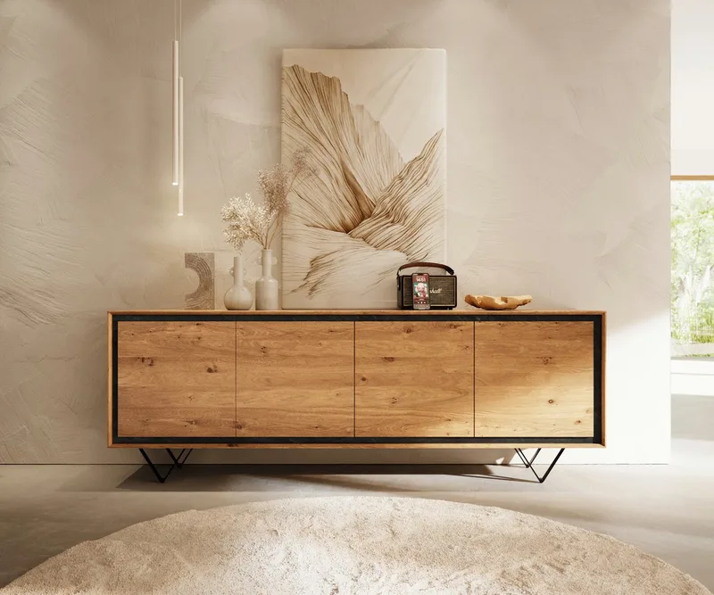 Sideboard Stonegrace 200 cm Eiche Natur 4 Türen Steinfurnier V-Fuß Metall Schwarz de DELIFE – photo du produit 2 sur 3