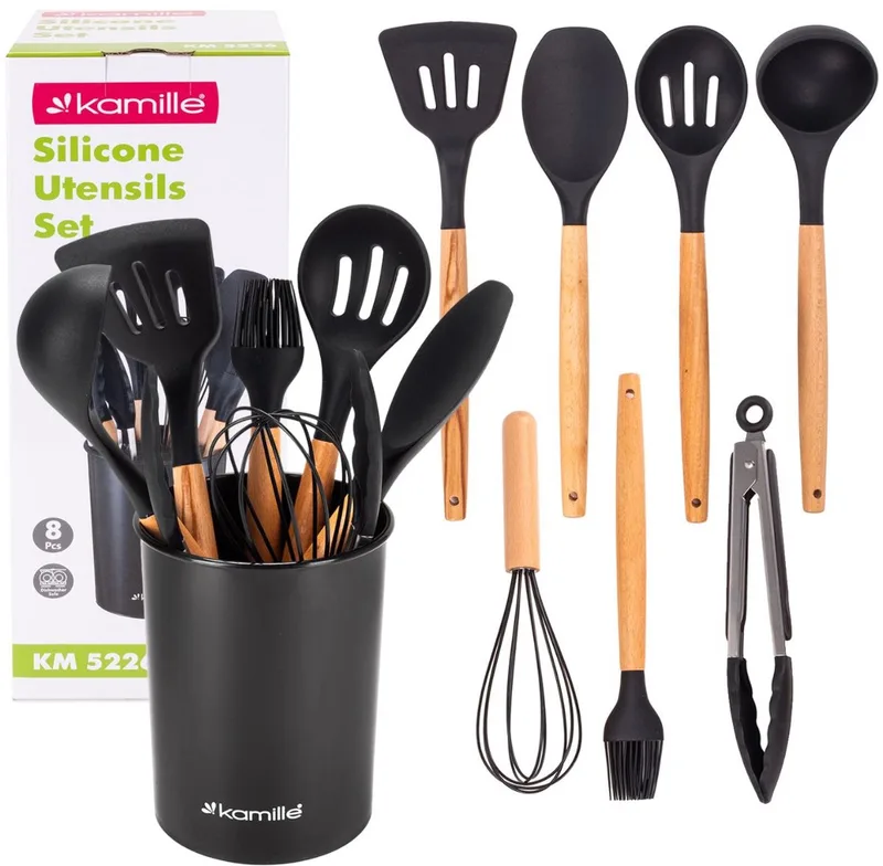 8-delige Keukengerei Set Siliconen met Houder - Kamille by Dille & Kamille in Black – product photo