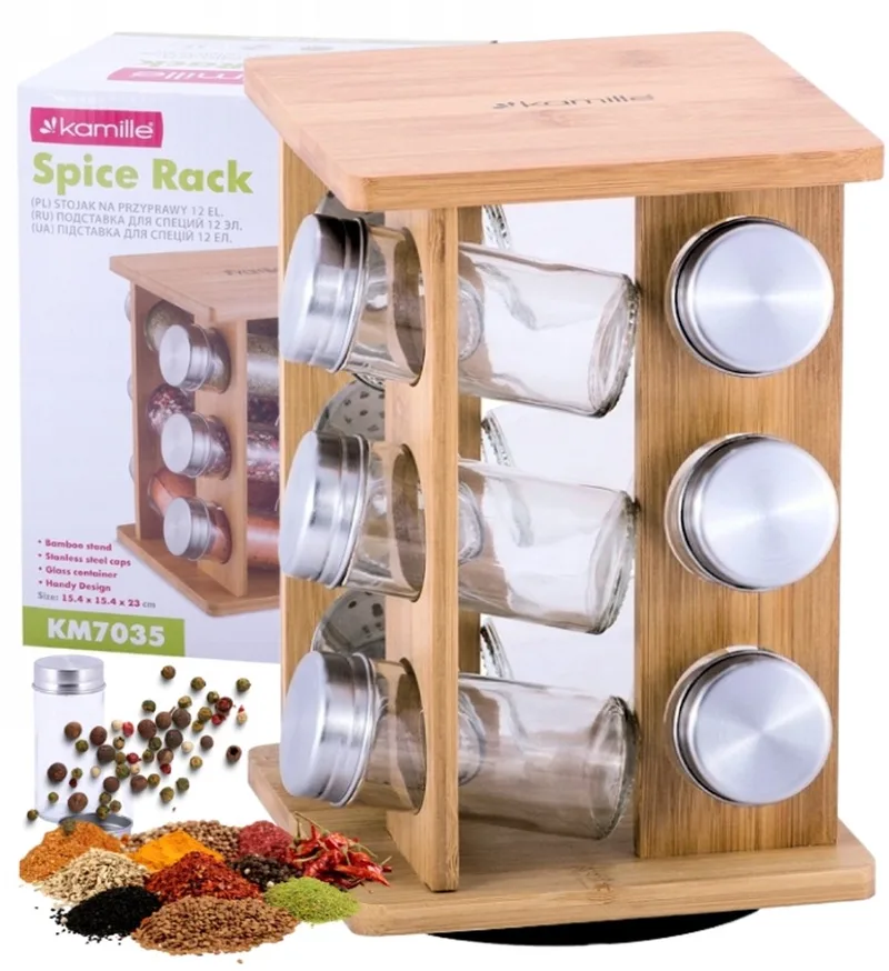 Draaiende Kruidenrek met 12 Glazen Potjes - Bamboe by Dille & Kamille in Brown – product photo