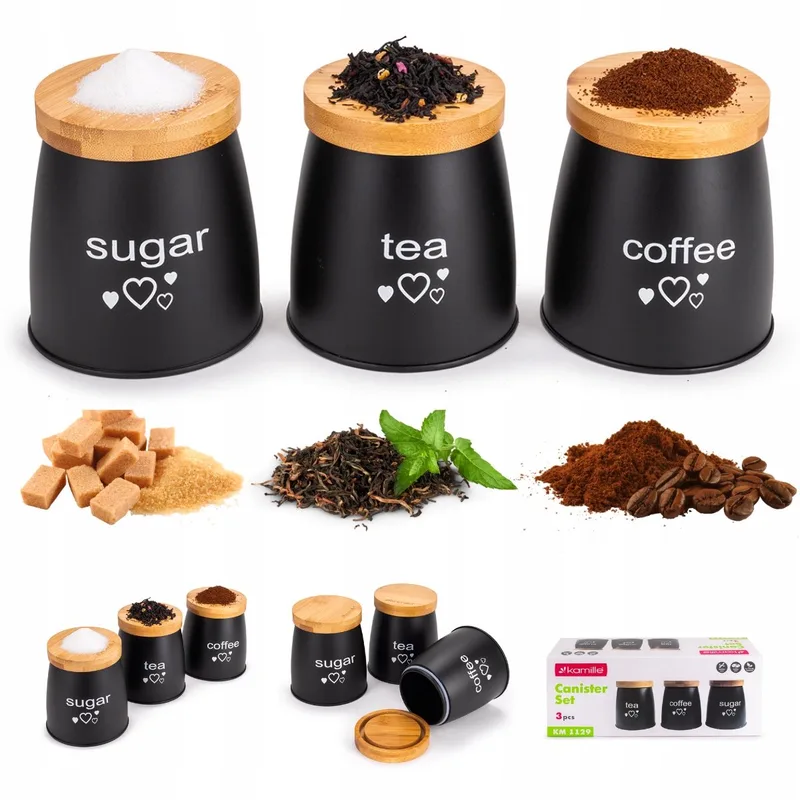 Kamille Keukenset: 3x Luxe Opbergers voor Koffie, Thee, Suiker van Dille & Kamille in Zwart – productfoto