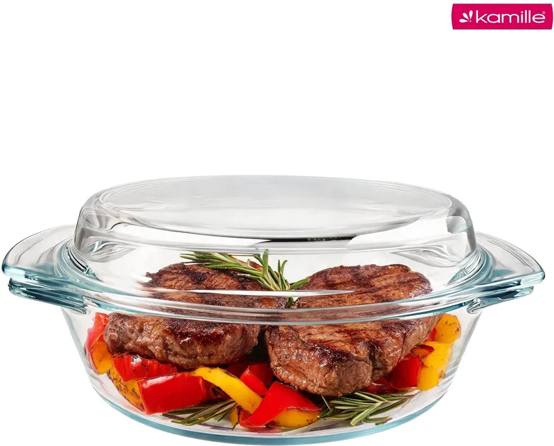 Kamille Ovenschaal met Deksel Glas 2.0L Rond Bakken & Gratineren van Dille & Kamille in Transparant – productfoto