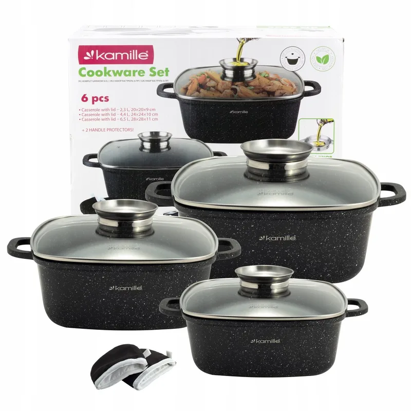 Kamille Pannenset 6 Delen - Geschikt voor Inductie & Oven - Marmercoating de Dille & Kamille en Noir – photo du produit