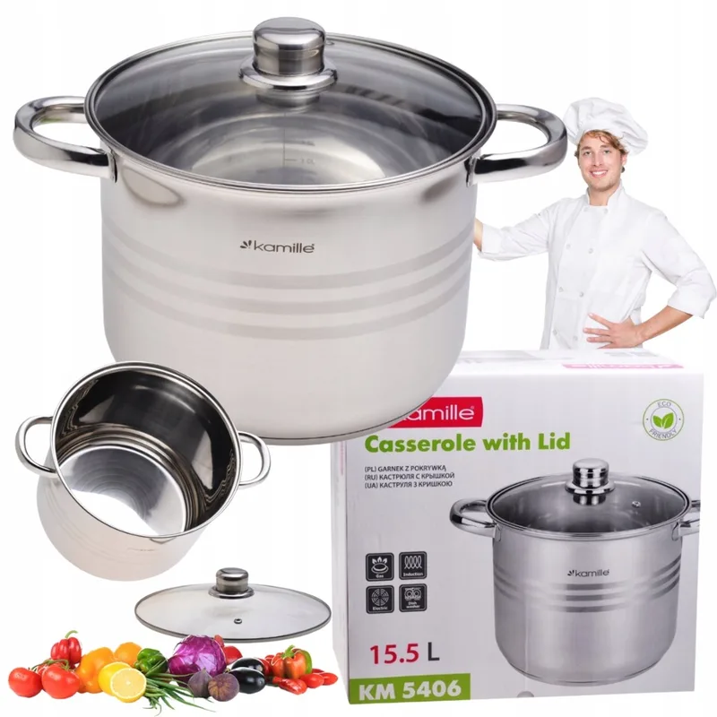 Kamille RVS Pan 15,5L met Glazen Deksel - Geschikt voor Inductie de Dille & Kamille en Argent – photo du produit