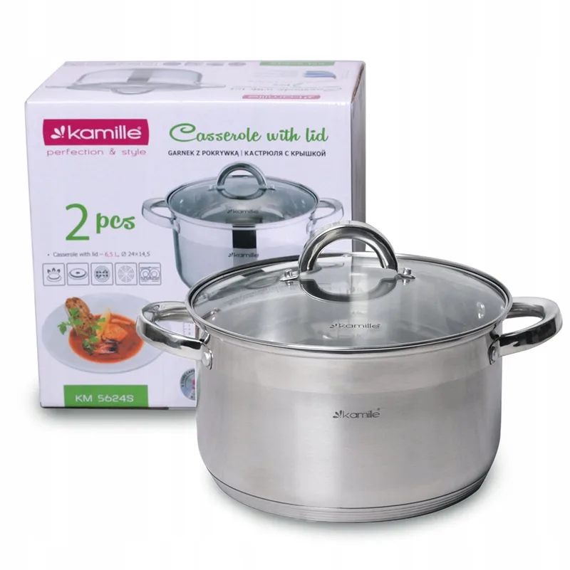 Kamille RVS Pan met Glazen Deksel - 6.5L - Inductie Geschikt by Dille & Kamille in Silver – product photo