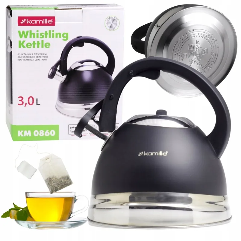 Kamille RVS Waterkoker met Fluitje - 3L - Geschikt voor Inductie van Dille & Kamille in Zwart – productfoto