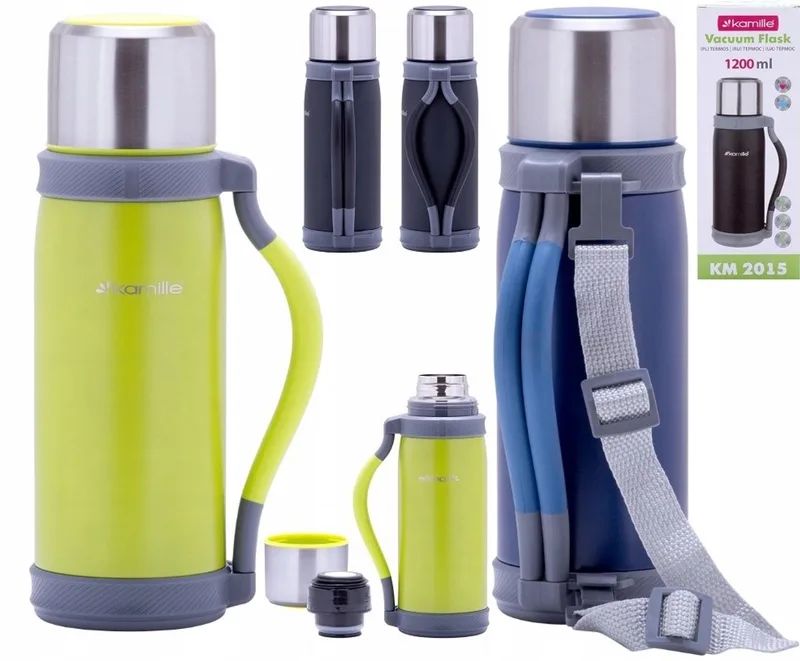 Kamille Thermos Fles 1200ml RVS met Mok en Band - Warm/Koud by Dille & Kamille in Zwart en lichtgroen – product photo
