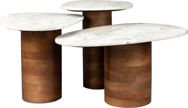 Suki Bijzettafel Organische vorm Marmer/ Hout Wit/ - Set van 3 van Dutchbone in Bruin – productfoto