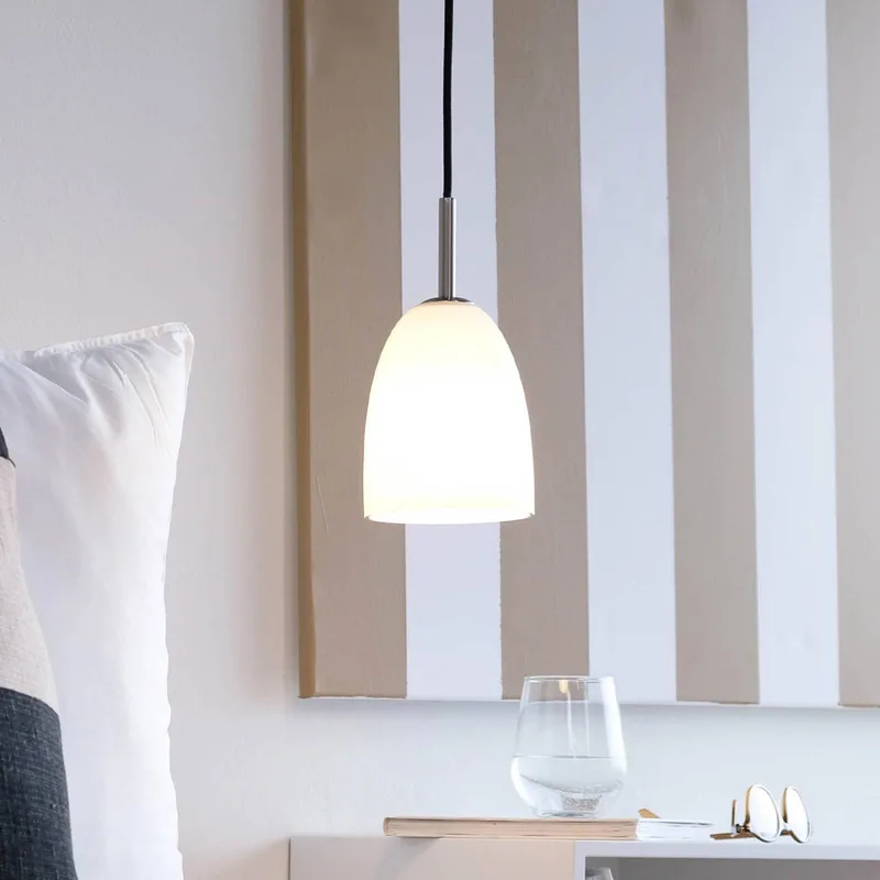 hanglamp Jazz opaal/staal, Ø 12 cm, glas van Dyberg Larsen in Opaal, geborsteld staal – productfoto
