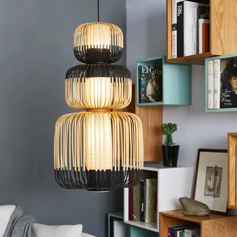 Hanglamp Bamboo zwart 3-lamps de Forestier en Beige, Noir – photo du produit