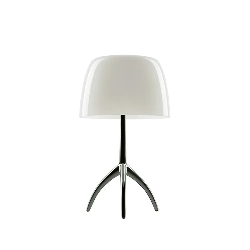 Lumiere Piccola dimmbare Tischleuchte Warmweiß Schirm-schwarzchrom Fuß de Foscarini – photo du produit
