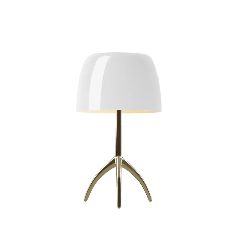 Lumiere Piccola dimmbare Tischleuchte Weiße Schirm-champagnerfarbener Fuß de Foscarini – photo du produit