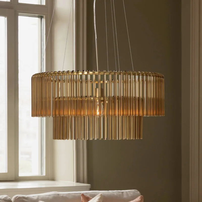 hanglamp HOOK 60, glas, cognac by Globen Lighting in Cognac, Geborsteld messing – product photo