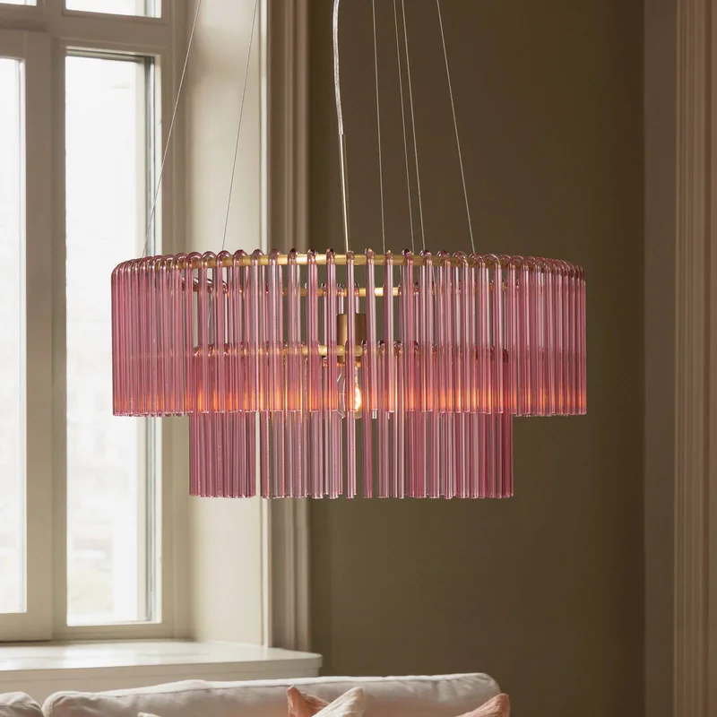 hanglamp HOOK 60, glas, roze von Globen Lighting in Rosa, Geborsteld messing – Produktfoto