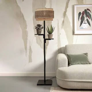 Bhutan vloerlamp met legplank, zwart by GOOD&MOJO in Black, Natural – product photo 1 of 5